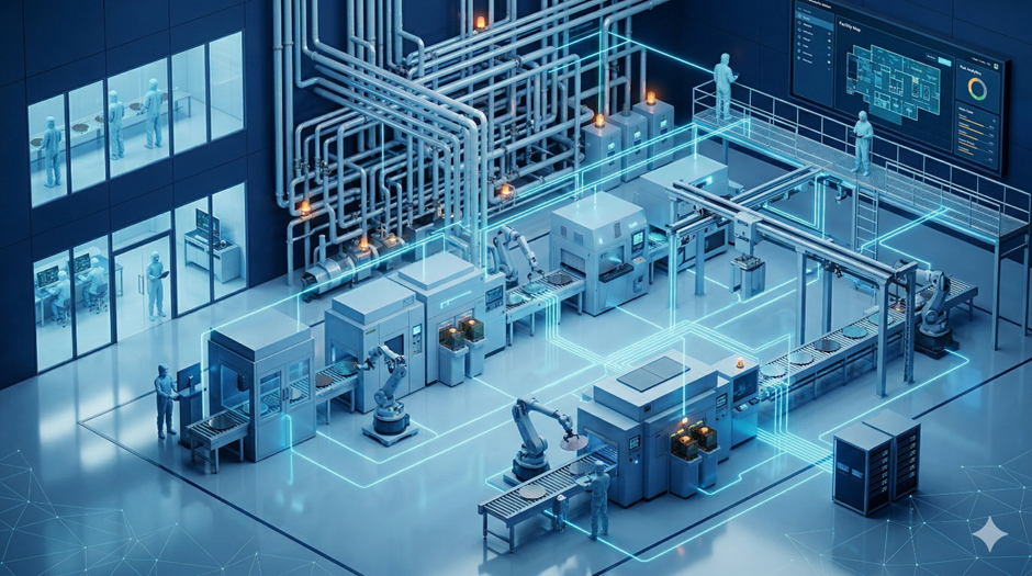 Concept art of a semiconductor fab cleanroom with automated equipment, robot arms, piping and monitors — hidden risks in a semiconductor fab