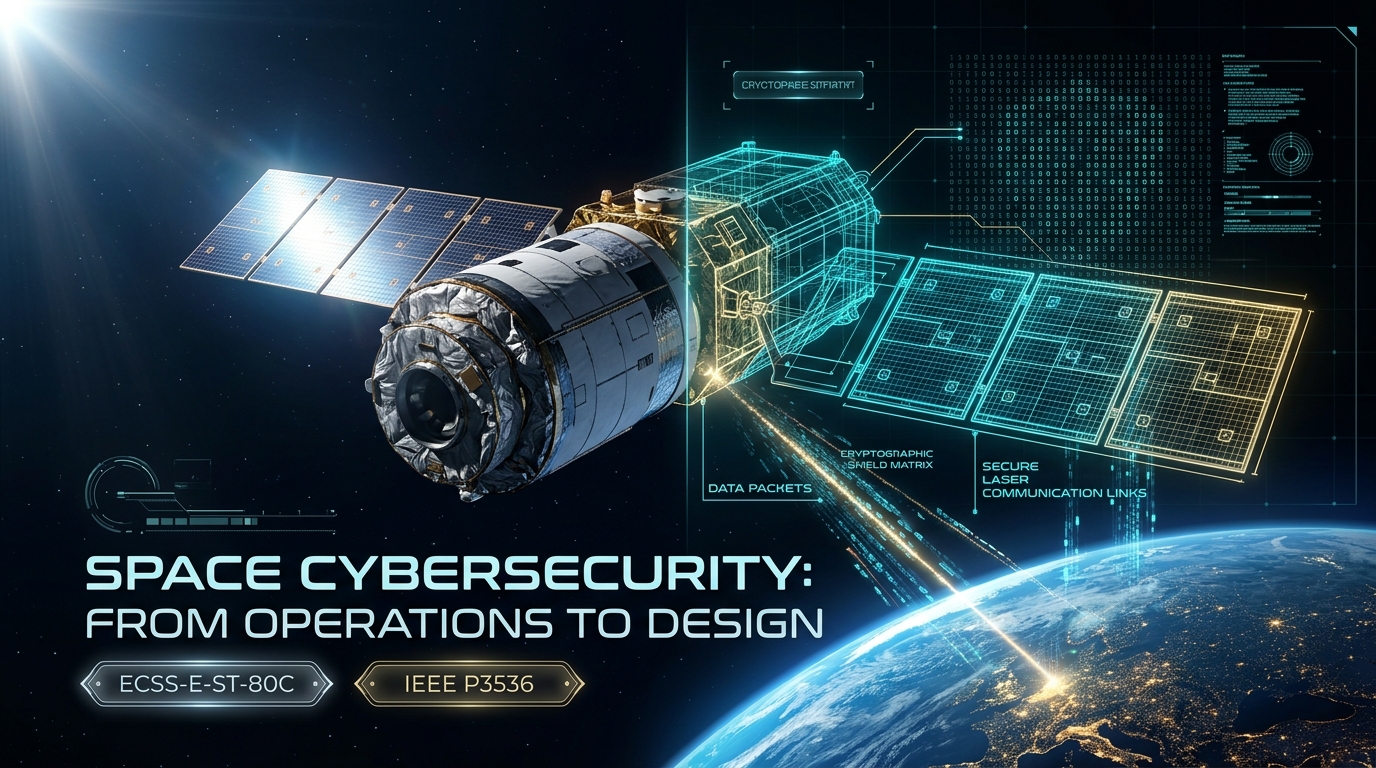 Title graphic — Space Cybersecurity: From Operations to Design, a satellite above Earth with ECSS-E-ST-80C and IEEE P3536 badges