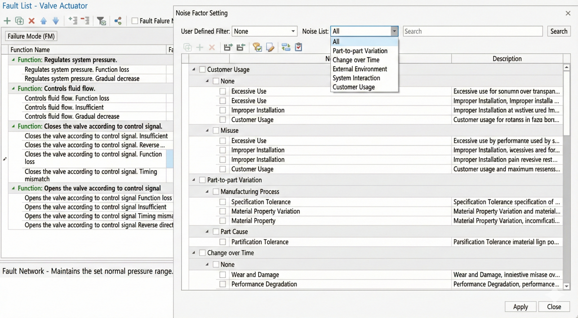 VisualPro fault list screen where the AI suggests failure causes for the Valve Actuator from the Noise Factor Setting dialog — five noise factor classes (piece-to-piece variation, change over time, external environment, system interaction, customer usage) with descriptions