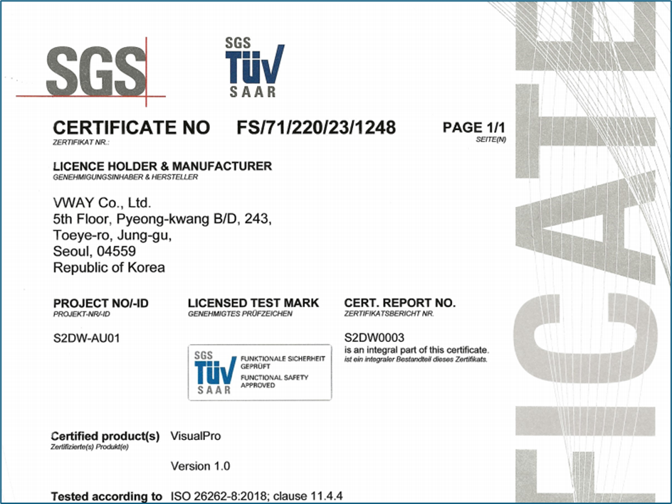 SGS-TÜV Saar certificate — VWAY Co., Ltd.'s VisualPro Version 1.0 tested according to ISO 26262-8:2018 clause 11.4.4 as a functional-safety software tool (Certificate No. FS/71/220/23/1248)