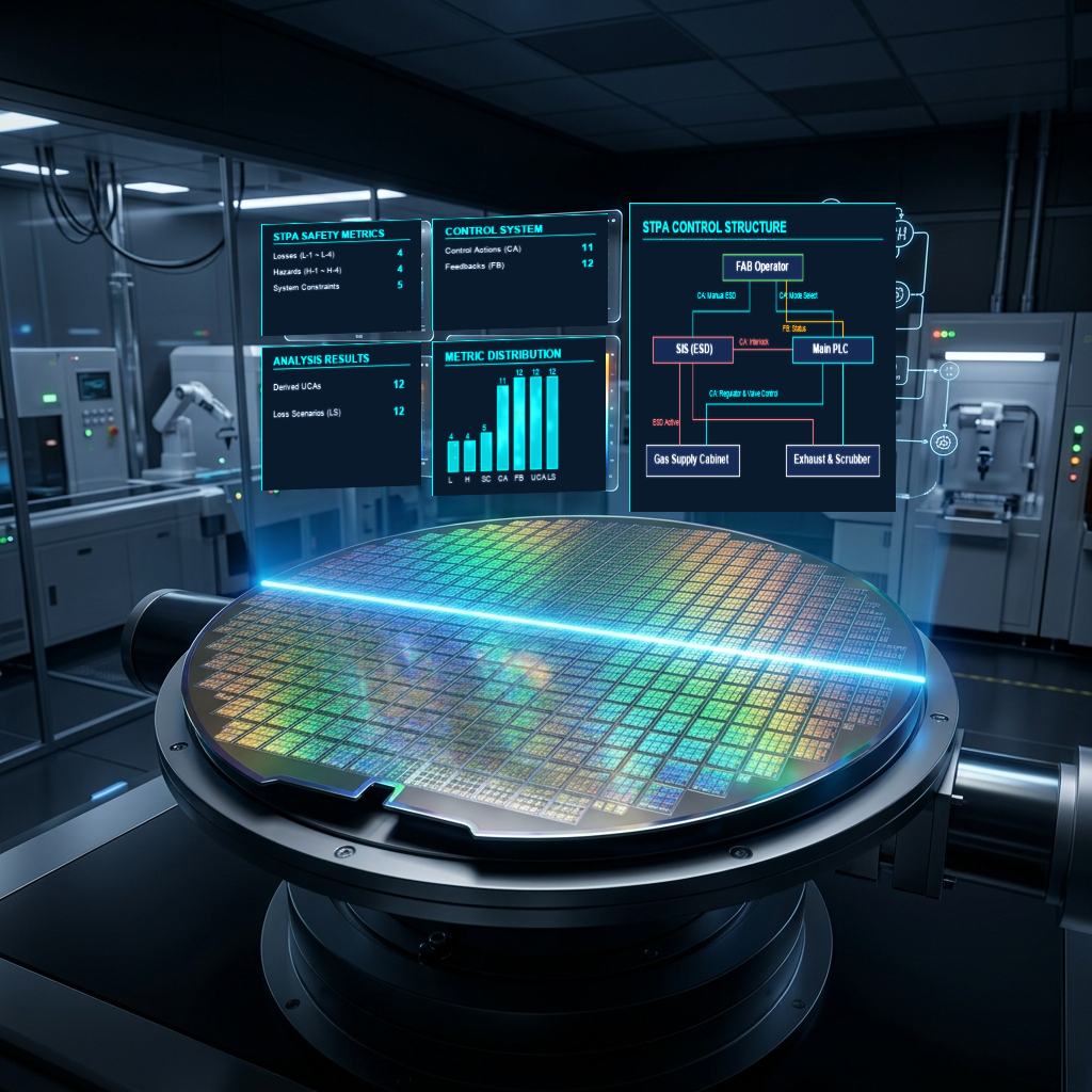 Concept art of a semiconductor wafer in a cleanroom with STPA control-structure and analysis monitors in the background — FEOL gas supply system analysis
