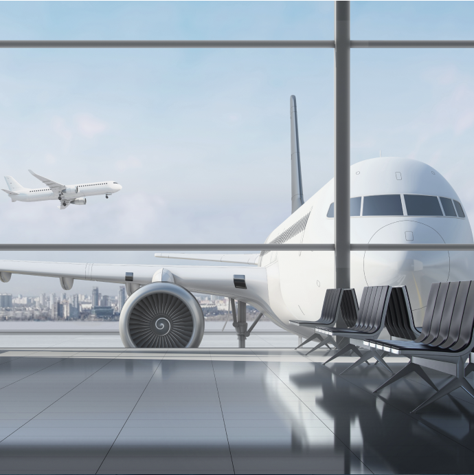 An airliner seen through an airport window with waiting-area seats — closing image of the UAM (eVTOL) STPA example