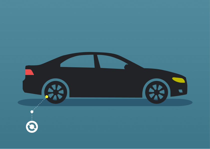 Illustration of a car in side view with a wheel speed sensor highlighted, representing monitoring of the vehicle braking system
