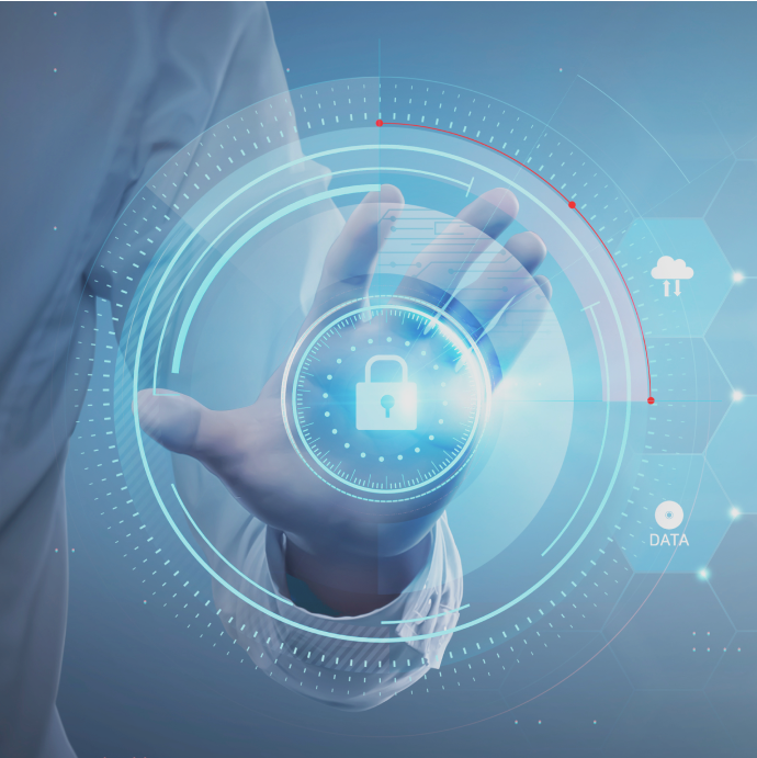 Concept art of a hand holding a padlock icon inside a security interface — STPA-Sec integrated safety and security analysis