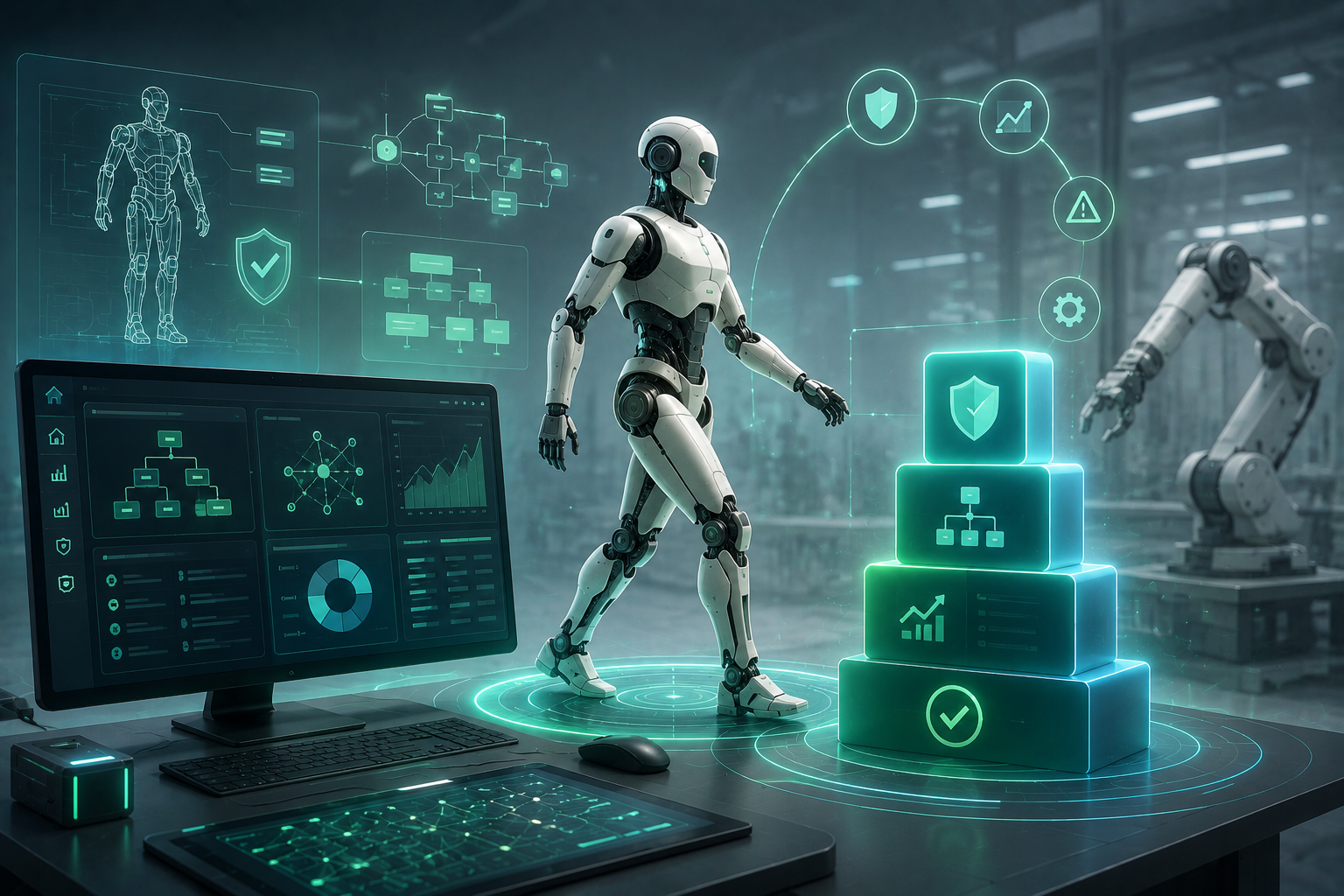 Concept art of a humanoid robot and robotic arms in a factory with an FMEA tree and dashboard on a monitor — robot safety analysis