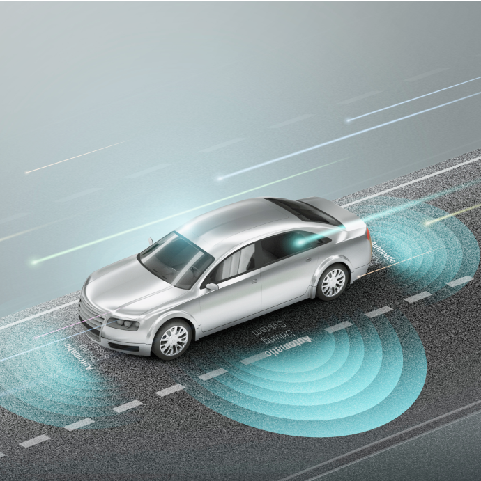 Illustration of a silver autonomous car on a road with sensor arcs scanning its surroundings
