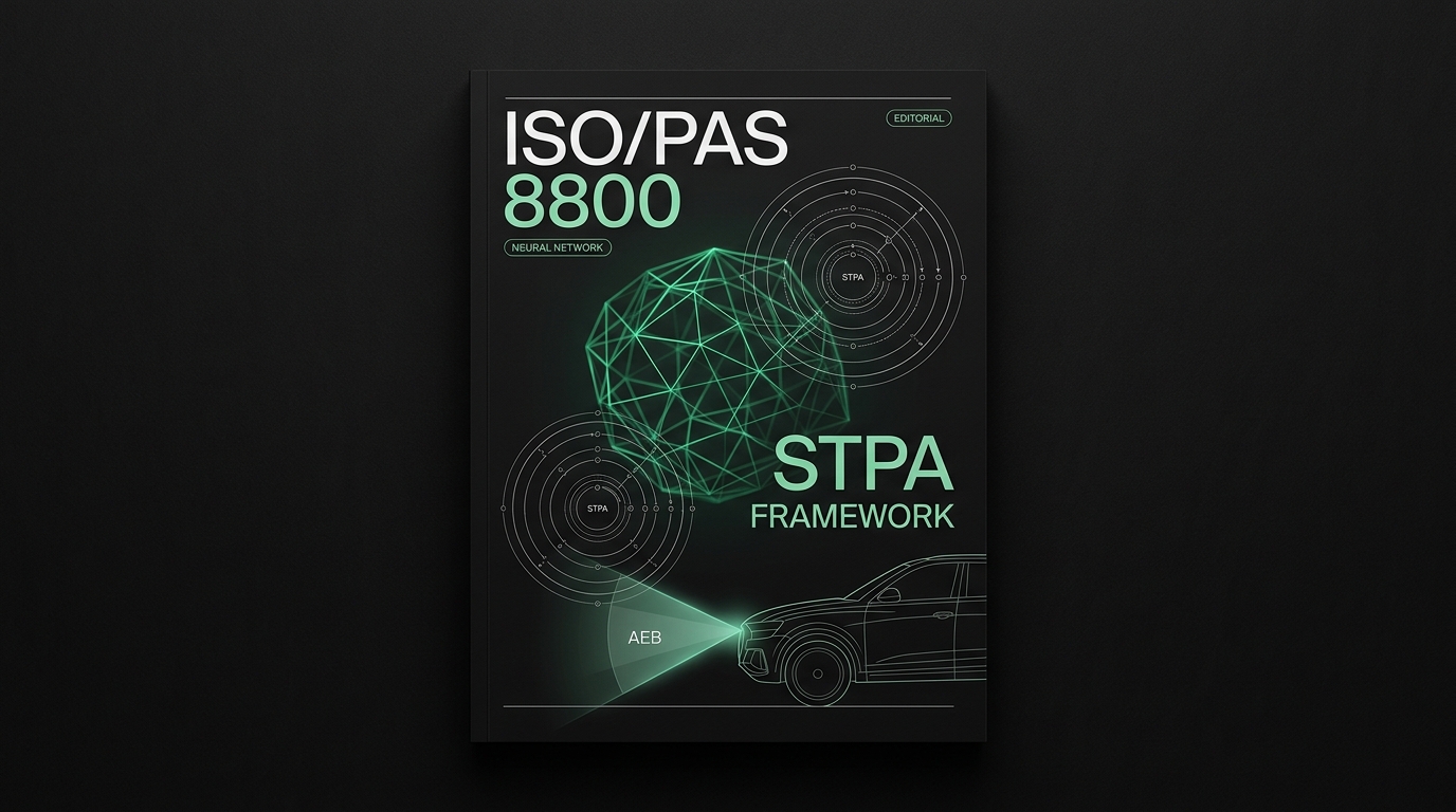 VisualPro Tech Brief cover — green wireframe globe and car silhouette on black, titled “ISO/PAS 8800 STPA FRAMEWORK”