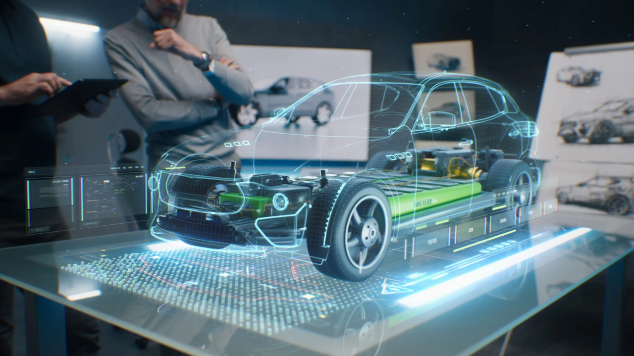Engineers reviewing a holographic electric vehicle chassis and battery design, representing AI-based safety analysis of automotive design data