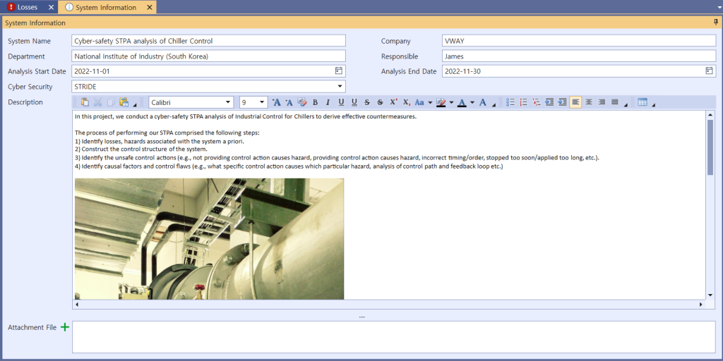 VisualPro System Information screen for the project 'Cyber-safety STPA analysis of Chiller Control' — company VWAY, department National Institute of Industry (South Korea), cyber security method STRIDE, analysis period 2022-11-01 to 2022-11-30, with a photo of an industrial chiller