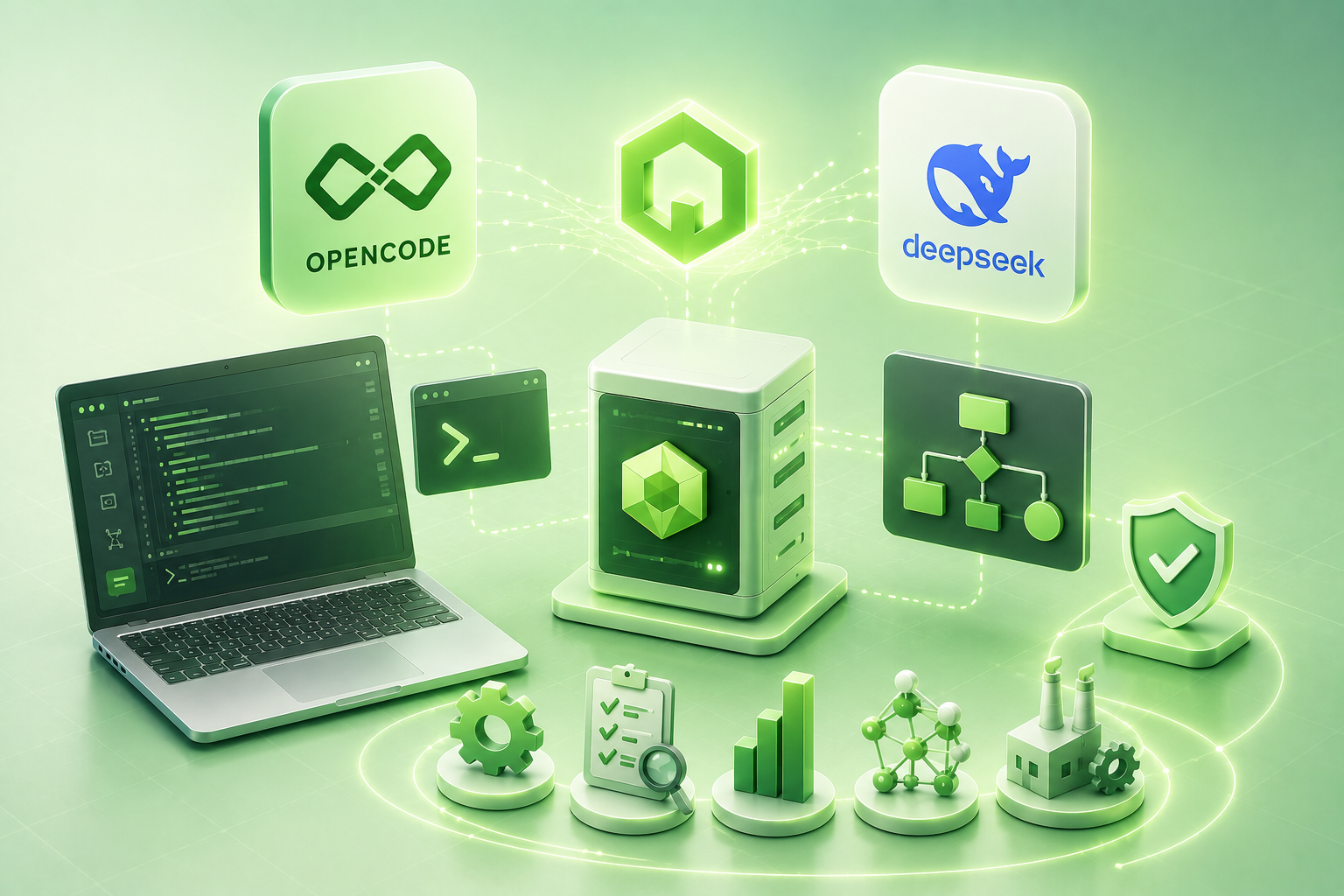 Title graphic — Opencode, VisualPro and Deepseek logos linked to a laptop, terminal and server: Deepseek GUI (KUN) integration guide