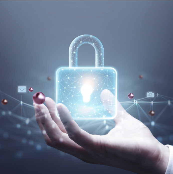 A hand holding a glowing padlock hologram — closing image of the industrial cybersecurity STPA-Sec example