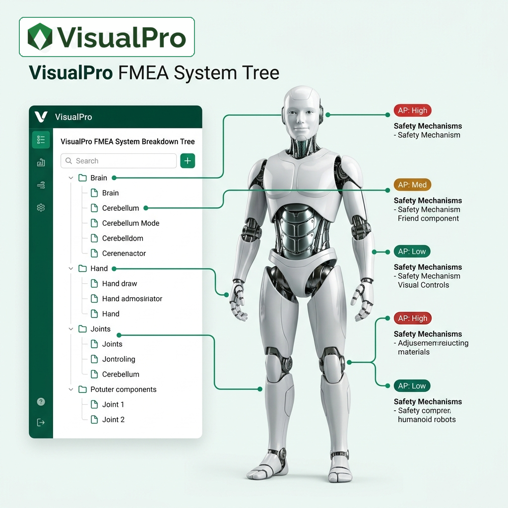 VisualPro FMEA System Breakdown Tree screen beside a humanoid robot — Brain, Hand, Joints and Power structures linked to AP High/Med/Low action priorities and safety mechanisms