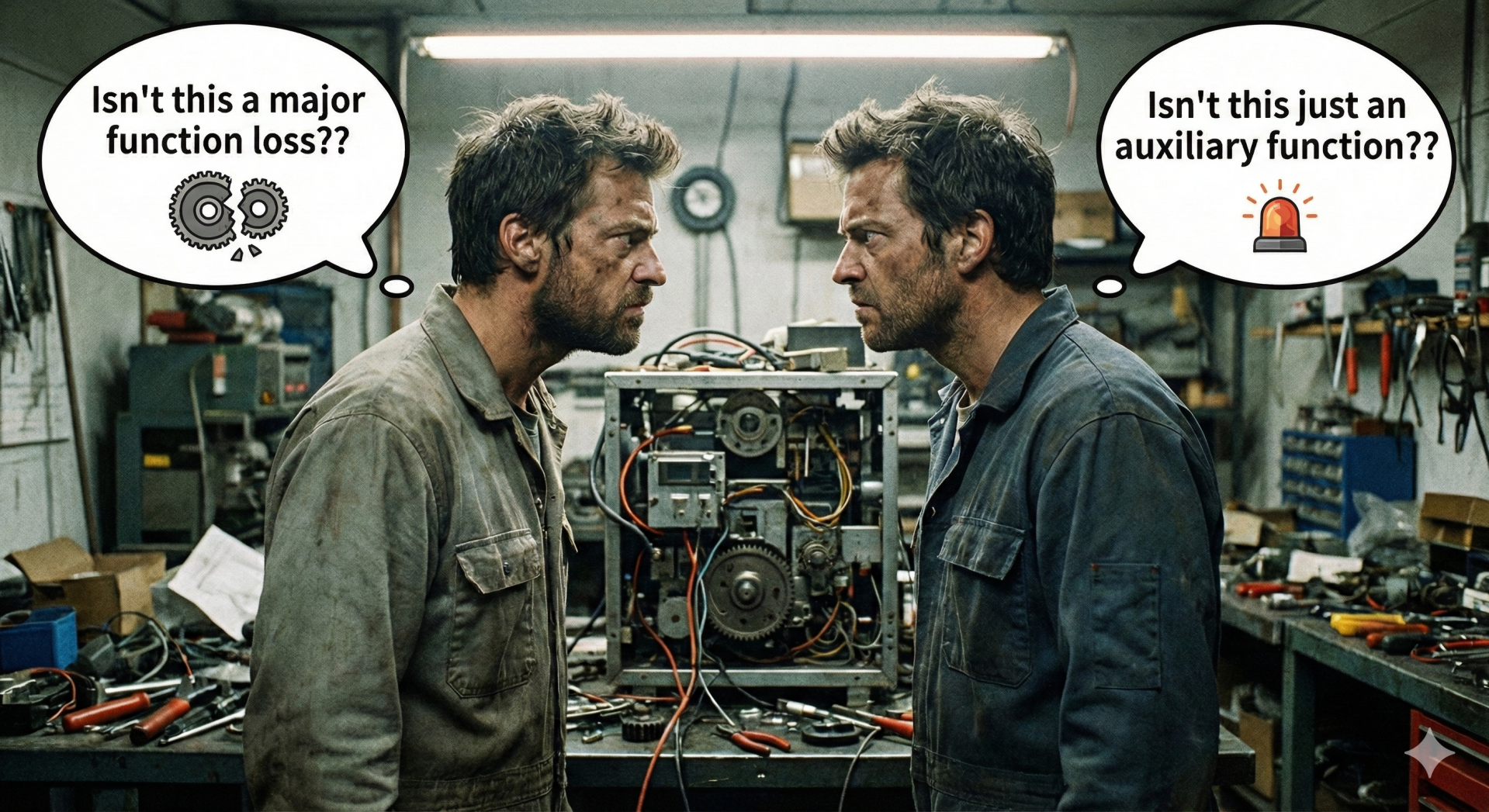 Two engineers in front of a CAD drawing disagreeing — 'Isn't this a major function loss??' versus 'Isn't this just an auxiliary function??' — the subjectivity of S/O/D ratings