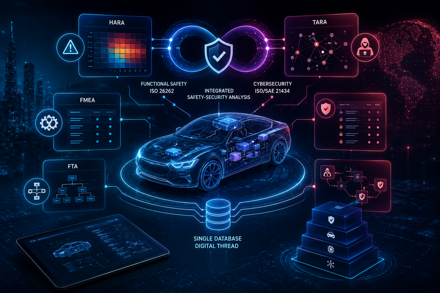 Concept diagram of HARA (functional safety, ISO 26262) and TARA (cybersecurity, ISO/SAE 21434) integrated on a single database and digital thread, with a car in the center and FMEA/FTA panels