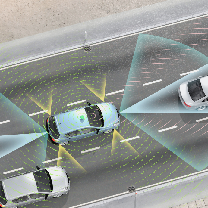 Illustration of an autonomous car on a road sensing surrounding vehicles and pedestrians with radar and camera cones