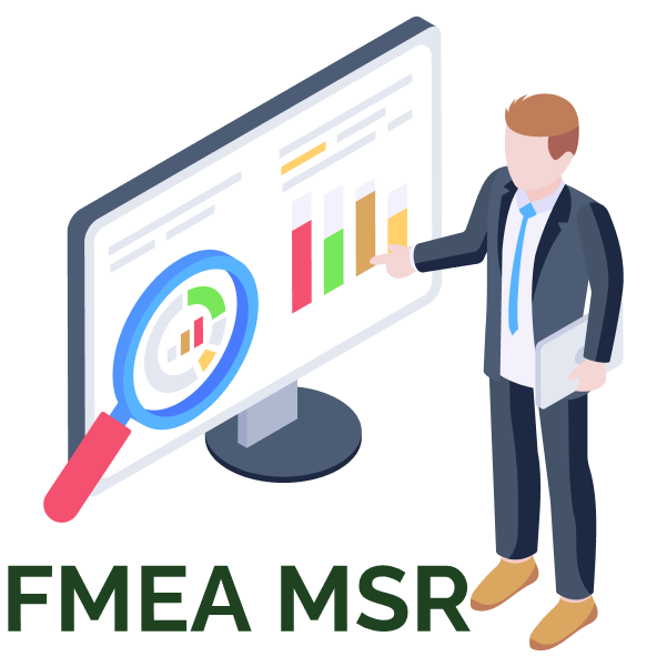 FMEA MSR title illustration — a person presenting charts on a monitor with a magnifying glass over a pie chart