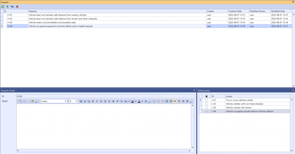 VisualPro System-Level Hazards screen for the ESS analysis — H-01 to H-04 with the loss relationship panel showing H-04 linked to L-04