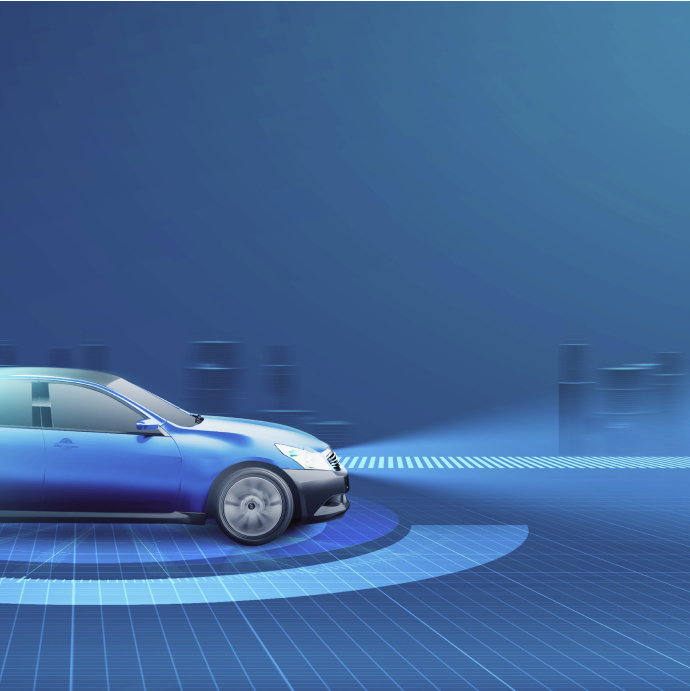 Concept art of a car on a blue grid emitting sensor waves — closing image of the FMEA-MSR vehicle braking system example