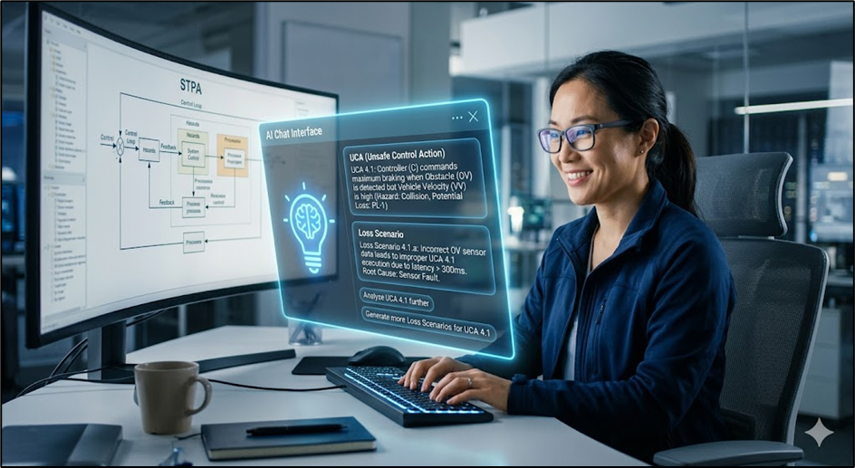 An analyst smiling at a monitor with a floating AI chat window listing UCAs (unsafe control actions) and loss scenarios — AI assistance for deriving UCAs and writing loss scenarios