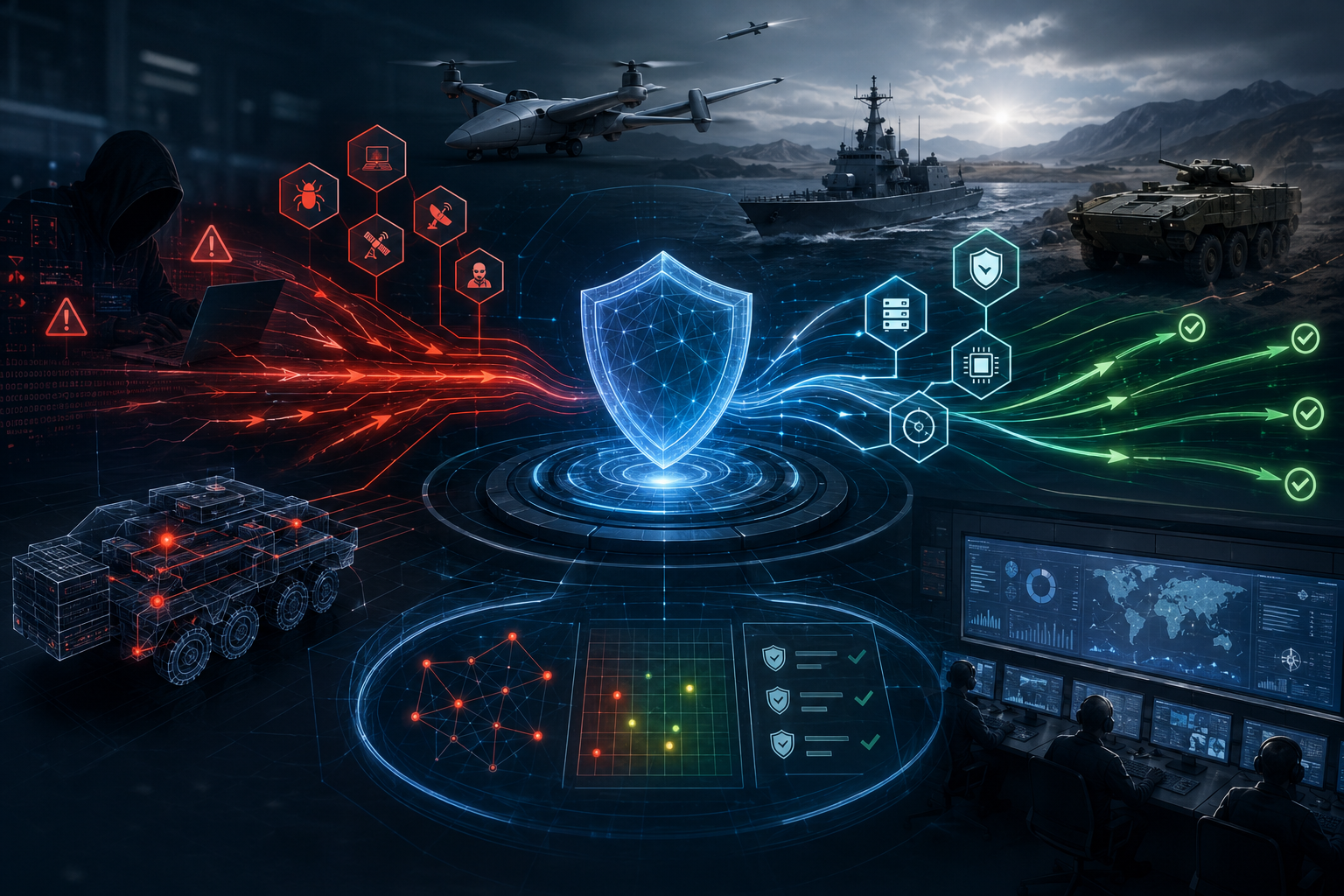 Concept art of an armored vehicle, warship and aircraft behind a blue shield, with red threat icons on the left turning into green countermeasure checks on the right — defense TARA (MITRE)