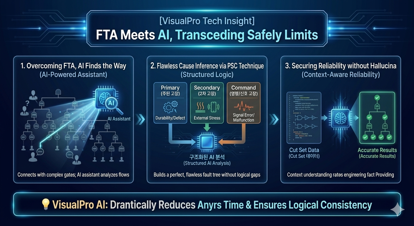 VisualPro Tech Insight banner — FTA meets AI in three steps: AI-powered assistant for complex fault trees, cause inference with the PSC technique for primary, secondary and command failures, and context-aware reliability from cut set data