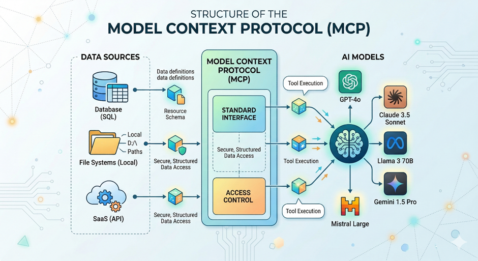 Structure of the Model Context Protocol (MCP) — databases, local file systems and SaaS APIs pass through MCP's standard interface and access control to AI models such as GPT-4o, Claude 3.5 Sonnet, Llama 3, Gemini and Mistral