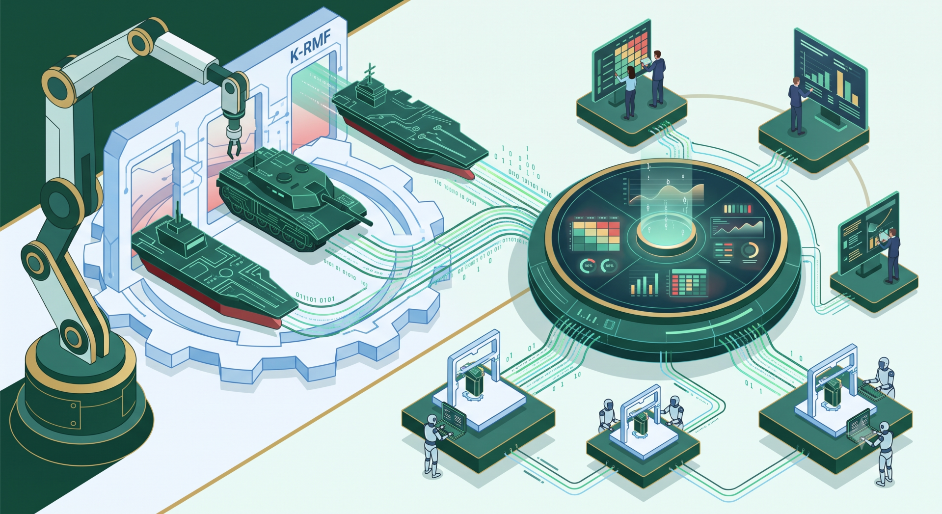 Isometric illustration of tanks, ships and aircraft on a conveyor feeding a K-RMF risk-analysis console with engineers reviewing dashboards