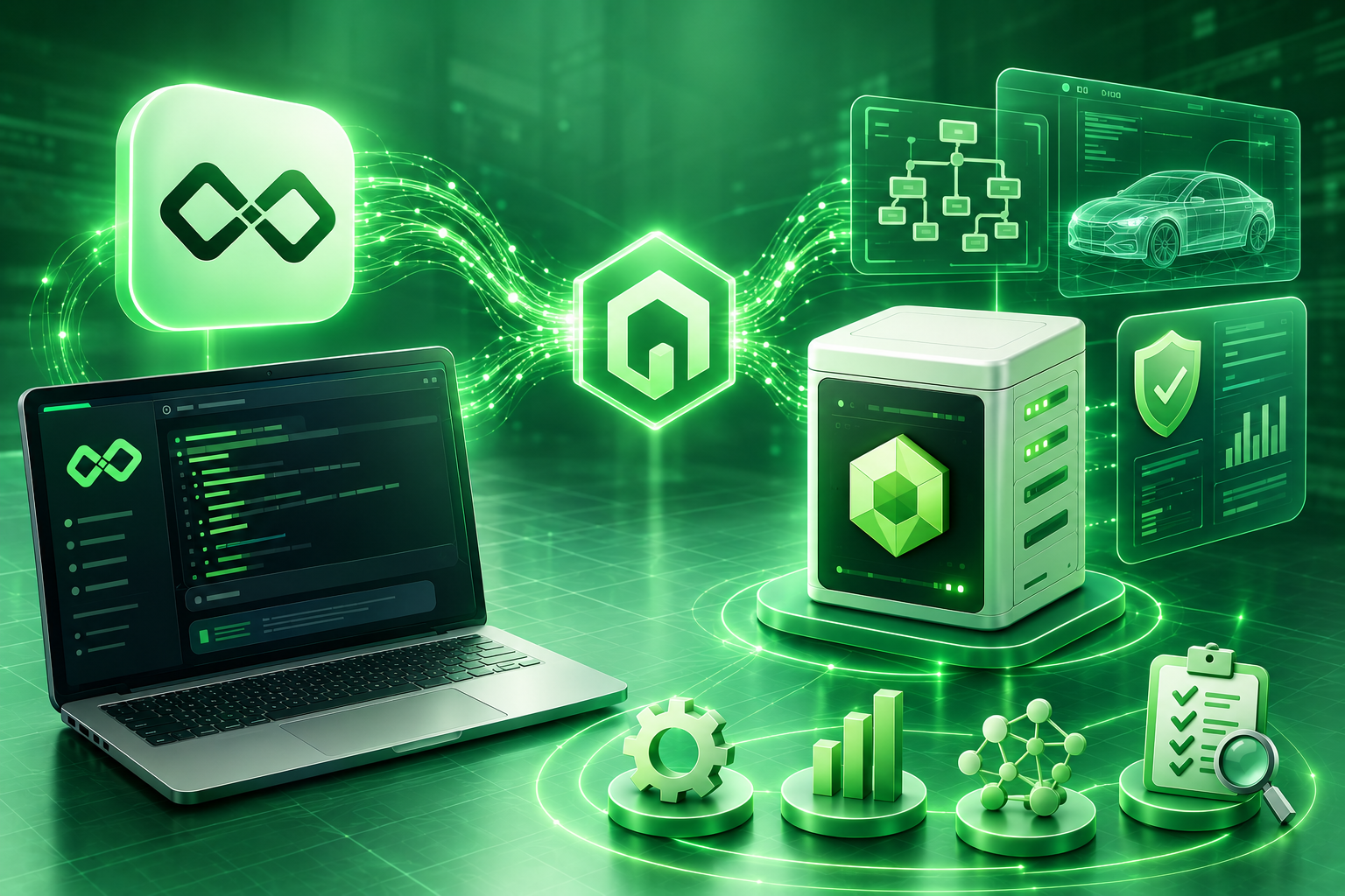 Title graphic — Opencode and VisualPro logos linked by green connection lines between a laptop and a server: MCP integration guide for the Opencode AI coding agent