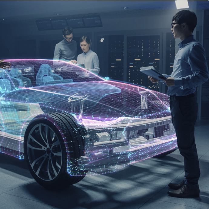 Engineers beside a car hologram, one holding a tablet — closing image of the EPS system STPA example