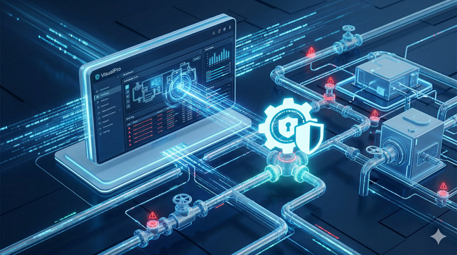 Concept art of a monitor showing VisualPro beside valved piping linked to gear and shield icons — VisualPro, the official MIT-certified STPA analysis tool