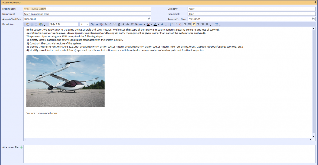 VisualPro System Information screen for the project 'UAM - eVTOL System' — company VWAY, department Safety Engineering Team, responsible B.Kim, analysis period 2022-08-01 to 2022-08-31, with a photo of an eVTOL aircraft on a runway (source: www.evtol.com)