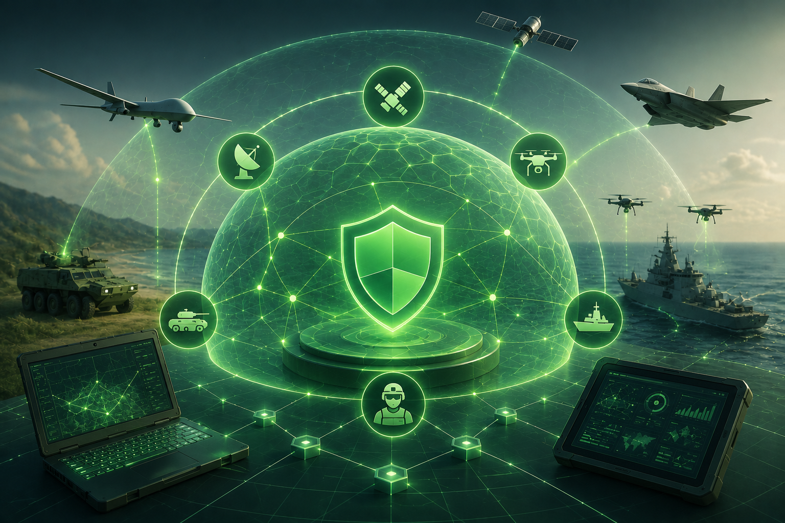 Concept art of drones, fighter jets, warships and tanks networked around a green shield — defense TARA for unmanned weapon systems
