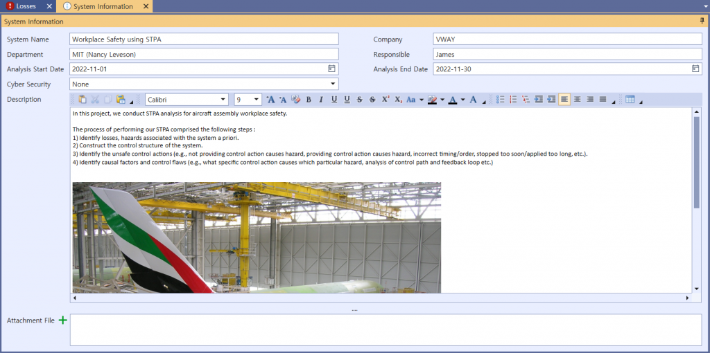 VisualPro System Information screen for the project 'Workplace Safety using STPA' — company VWAY, department MIT (Nancy Leveson), analysis period 2022-11-01 to 2022-11-30, with a description of the four STPA steps and a photo of an aircraft in an assembly hangar