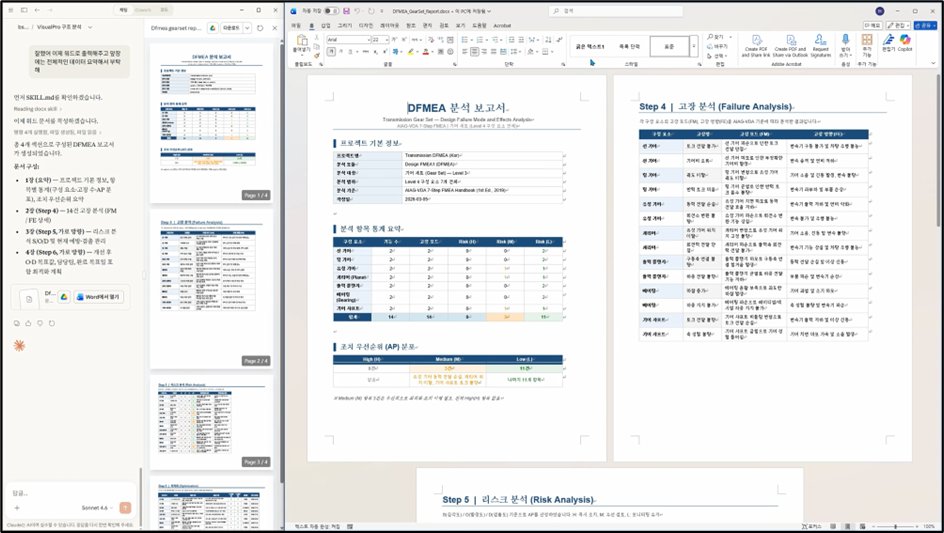 DFMEA analysis report generated by VisualPro in a user-specified format — tables for each risk-analysis and failure-analysis step
