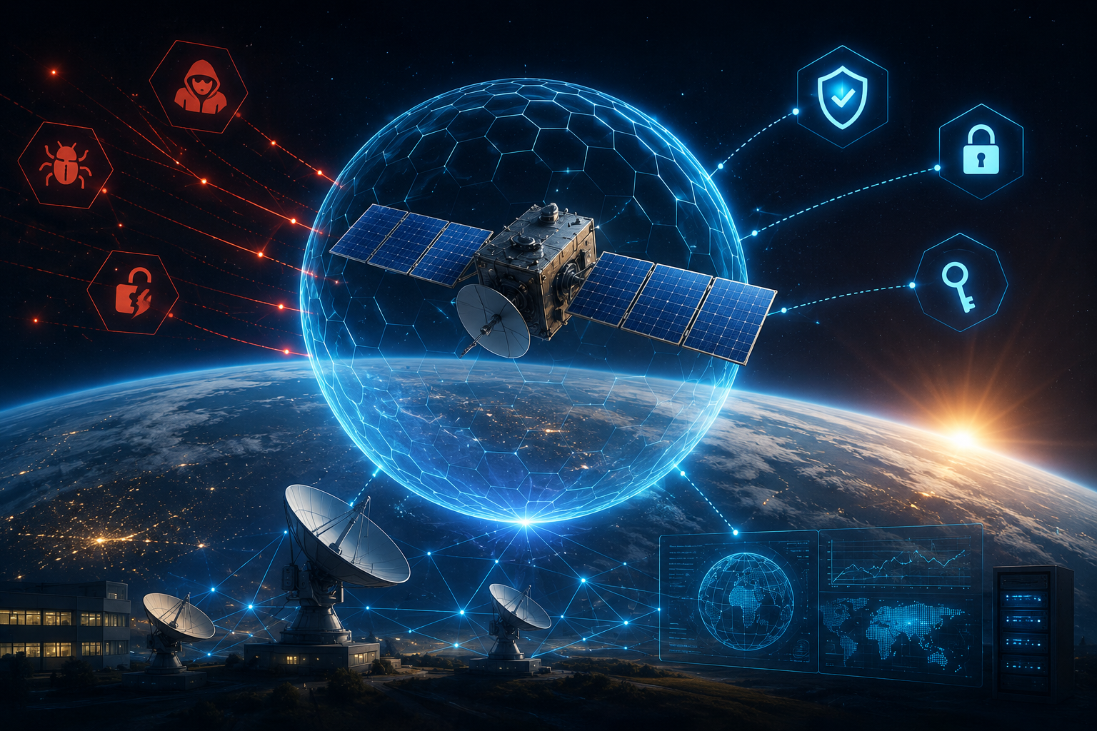 Concept art of a satellite in Earth orbit wrapped in a protective shield, surrounded by hacker, lock and shield icons
