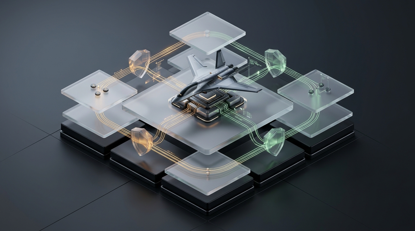 Concept art of an armored vehicle model on stacked translucent panels linked by connection lines — MIL-STD-882E system safety