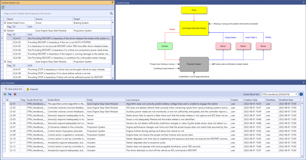 VisualPro Loss Scenario screen for the ESS system with the STPA control loop diagram (driver, Auto Engine Stop-Start Module, actuator, sensors and propulsion system), listing loss scenarios LS-01 to LS-13 for UCA-01 with their STPA Handbook (2018) guide words