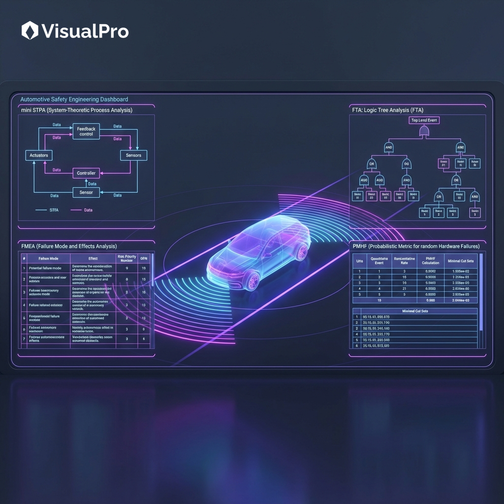VisualPro integrated automotive safety dashboard — a car model surrounded by an STPA control structure, FTA logic tree, FMEA table and PMHF metrics on one screen
