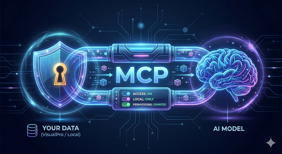 Concept art of an MCP pipe linking a padlocked shield labelled 'Your Data (VisualPro / Local)' to an AI model brain, with access, local-only and permissions indicators — the security and control advantages of MCP