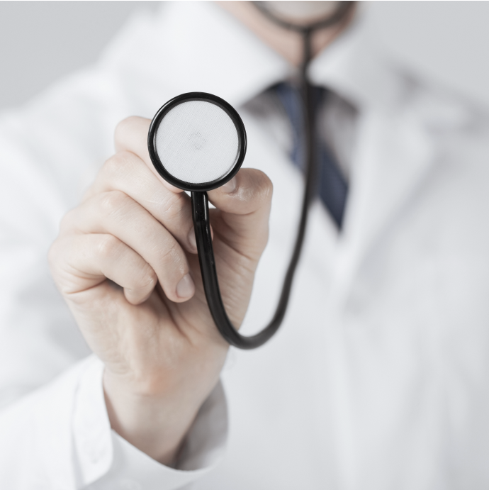 A doctor holding out a stethoscope — closing image of the COVID-19 STPA example