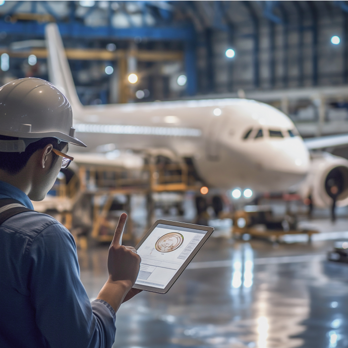A worker in a hard hat consulting a tablet in an aircraft assembly hangar