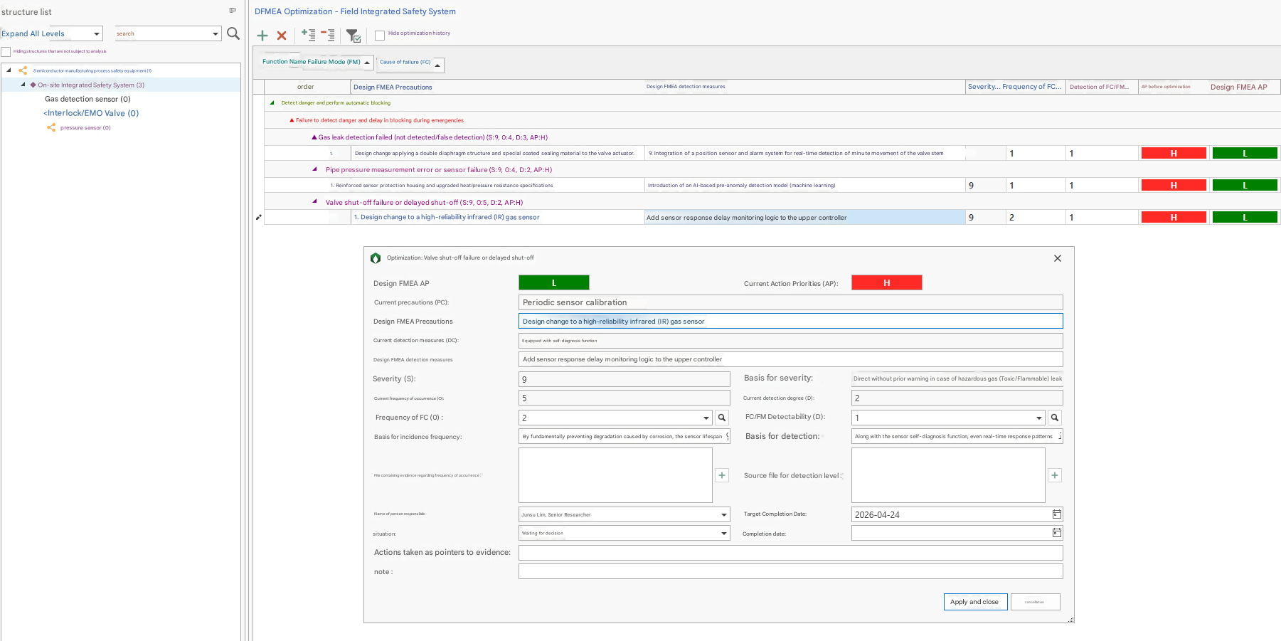 VisualPro FMEA screen — failure mode, effect and cause table for the semiconductor fab safety equipment with an item-edit dialog