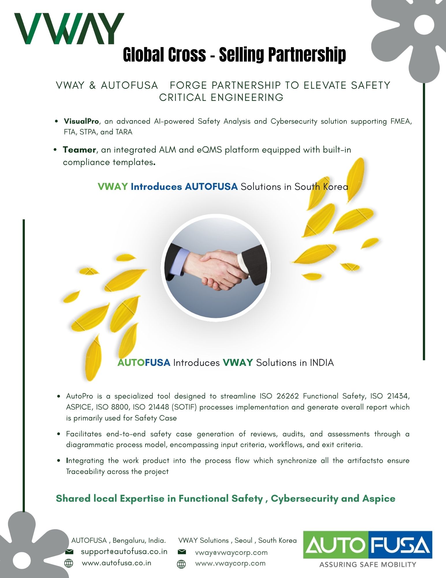 VWAY and AutoFusa Global Cross-Selling Partnership announcement — VisualPro and Teamer introductions, each company's role, contact details and a handshake photo