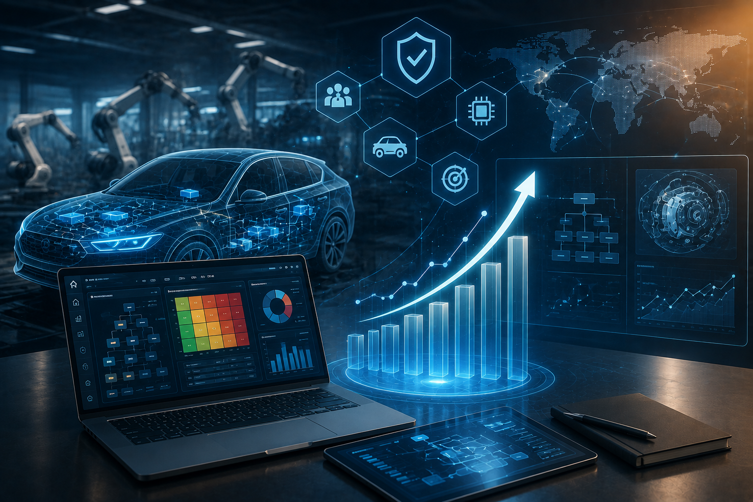 Concept art of a laptop in front of an automotive production line with a rising bar chart and FMEA risk matrix — FMEA software market growth