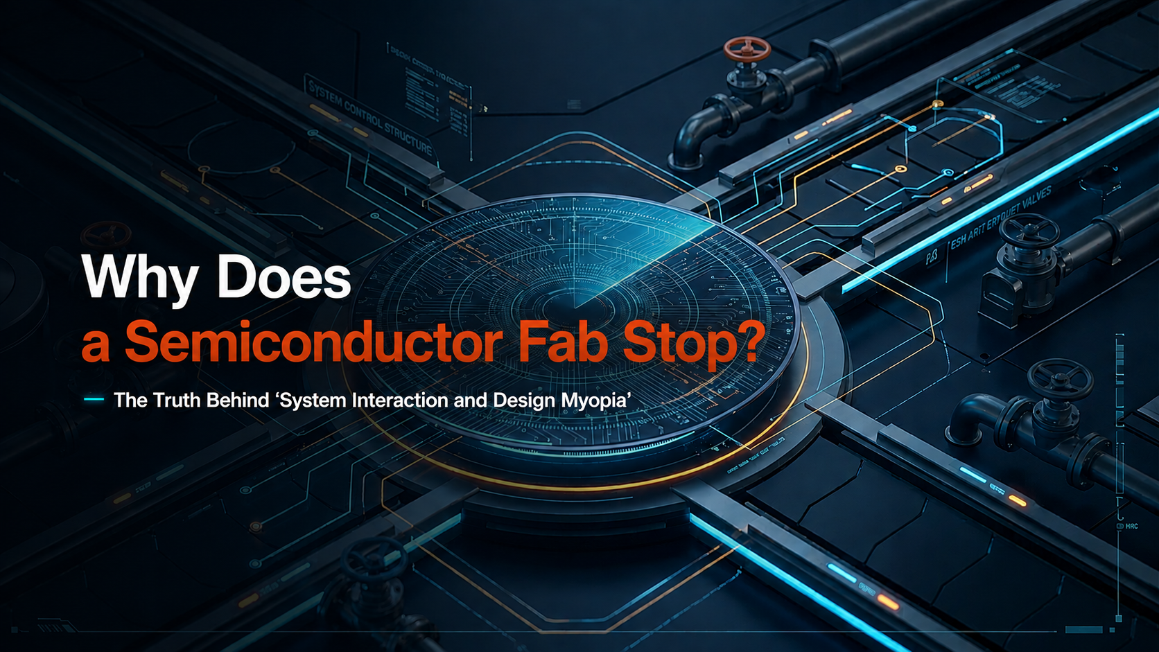 Title graphic — Why Does a Semiconductor Fab Stop? The truth behind system interaction and design myopia, over a fab piping installation