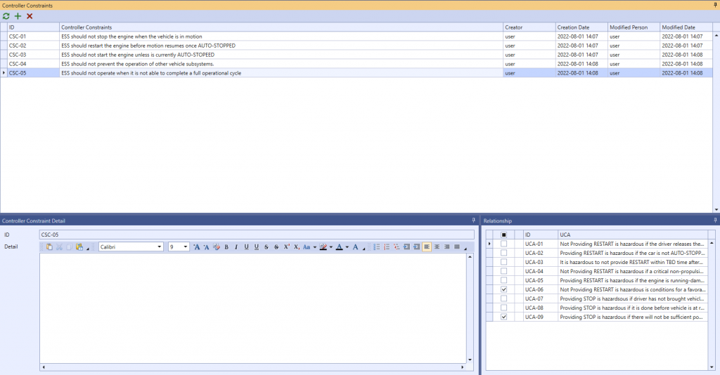 VisualPro Controller Constraints screen for the ESS system — CSC-01 to CSC-05 with the UCA relationship panel showing UCA-06 and UCA-09 linked to CSC-05