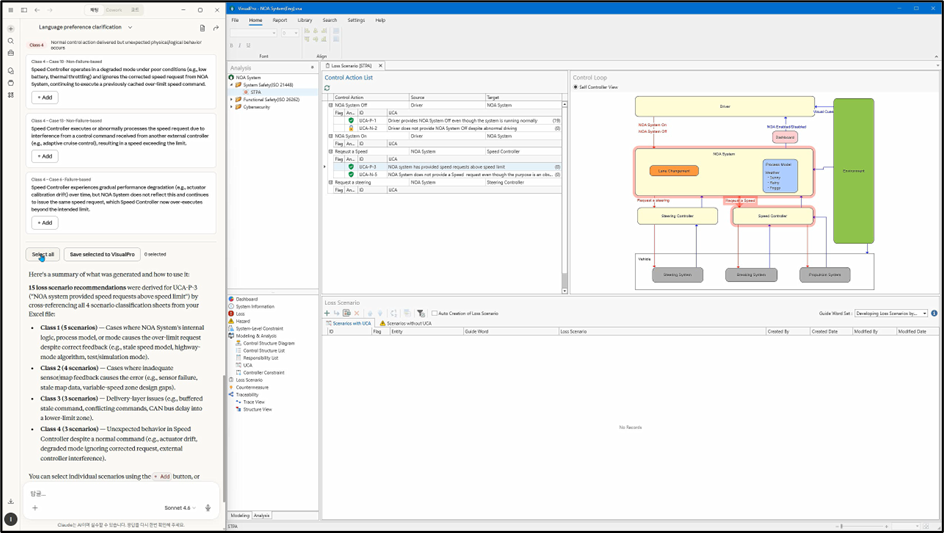 VisualPro screen requesting loss scenarios for UCA-P-3 via AI Chat — STPA table on the left, control structure diagram and AI chat window on the right