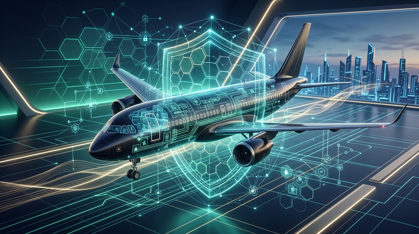 Concept art of an aircraft over a city wrapped in a translucent shield and hexagonal grid — airworthiness security