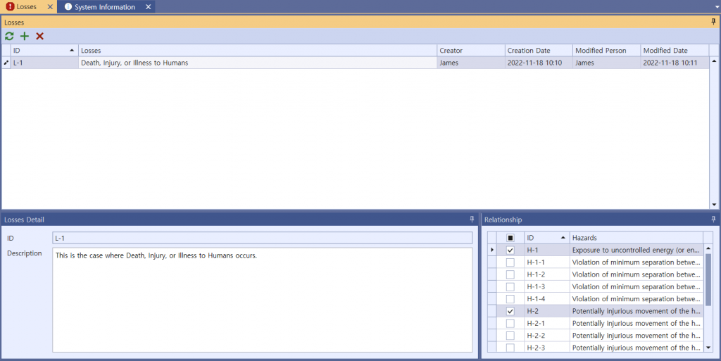 VisualPro Losses screen — loss L-1 'Death, Injury, or Illness to Humans' with its detail and the related hazards H-1 to H-2-3 listed in the relationship panel