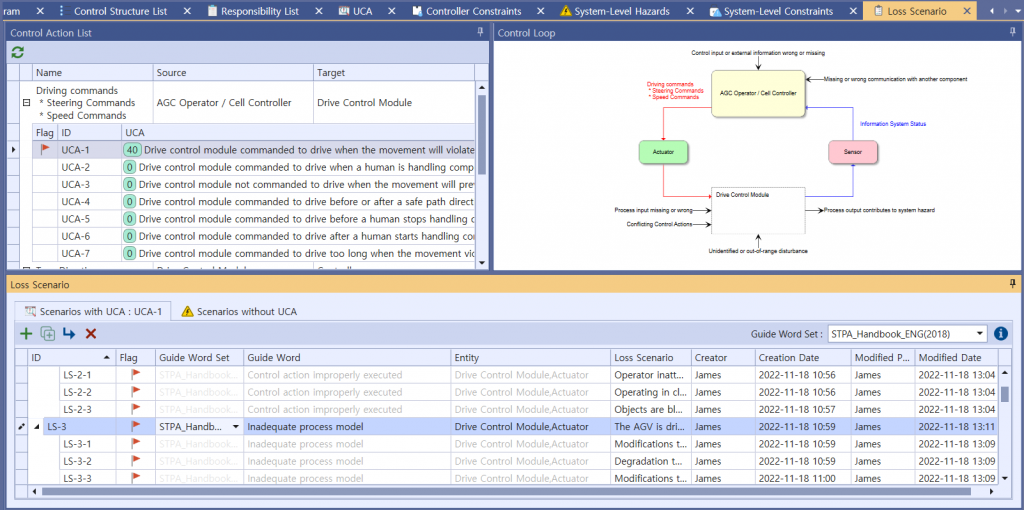 VisualPro Loss Scenario screen with the STPA control loop diagram — controller, actuator, sensor and controlled process with the standard causal factors (control input wrong or missing, inadequate process model, process input missing or wrong, unidentified or out-of-range disturbance), and the loss scenarios generated from UCA-1 using the STPA Handbook (2018) guide words